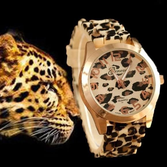 Leopard Silicone Analog Quartz Rose Gold Wrist Watch for Women
